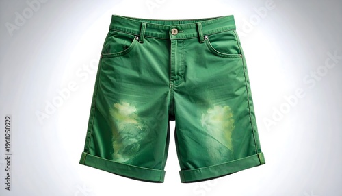 Close-up studio shot of a pair of green shorts. The cuffed shorts have a button closure, pockets and light-colored stains