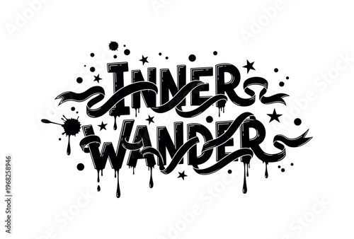 Inner Wander. lettering and all elements in black. Vector style. AWhite background. Pure white background. Perfect isolation and visual consistency. Funky