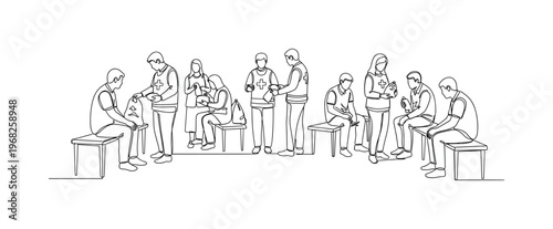 Relief Hub. Minimalistic one-line drawing group of people receiving assistance inside evacuation facility, continuous single black line on white background,