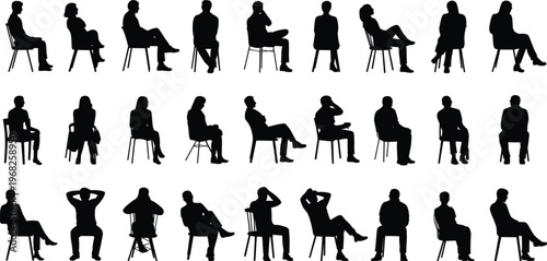 Large set of sitting people silhouettes on chairs in various poses isolated vector illustration for waiting room interview and lifestyle concepts