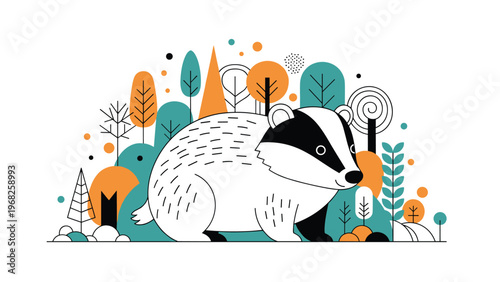 Stylized illustration of a badger standing in a geometric forest with many colorful trees and abstract shapes.