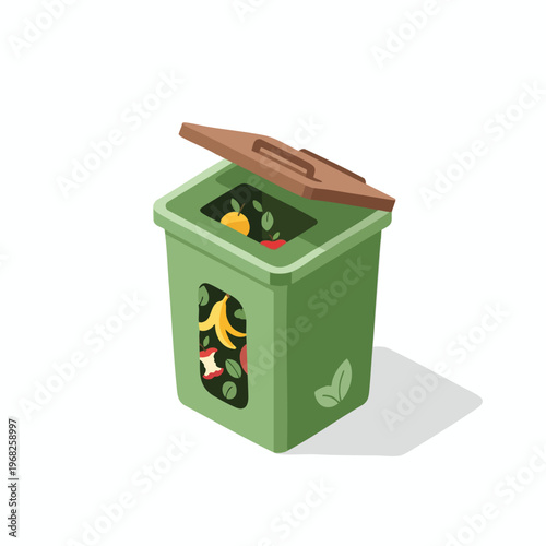 Green compost bin filled with fruits, peels, and leaves, lid open