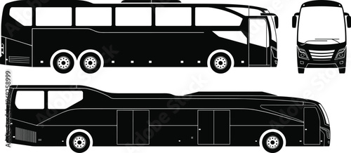 Luxury coach bus silhouette collection with side, front and rear views isolated vector transport illustration