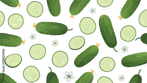 Seamless pattern displaying whole and sliced green cucumbers with small white blossoms on a plain white background.
