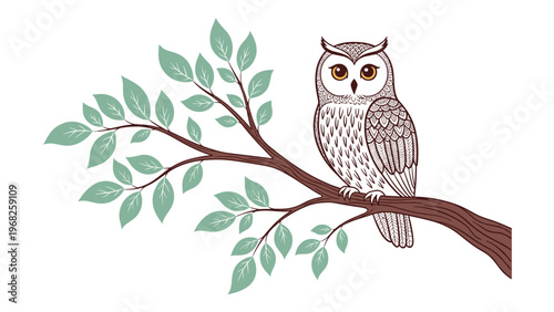 Detailed illustration of a wise owl perched on a slender tree branch adorned with green leaves on a white background.