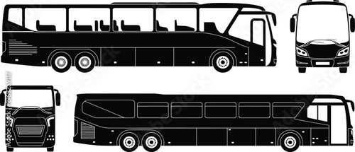 Modern coach bus silhouette set with side, front and rear views, transportation vector illustration design