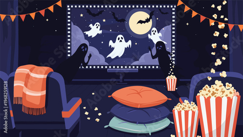 Cozy home theater setting for a Halloween movie night featuring spooky ghosts on the screen and festive decorations.