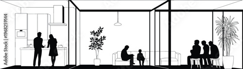 Modern home interior cutaway with family silhouettes in kitchen living room and dining area vector illustration for lifestyle architecture and domestic scene concept