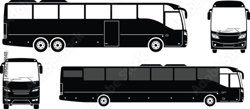 Modern passenger bus silhouette set with side, front and rear views isolated vector transport illustration