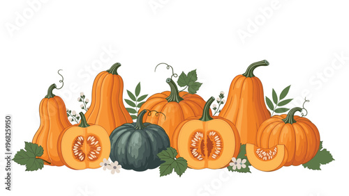 Autumn arrangement featuring several types of pumpkins and squashes, including sliced ones, with leaves and flowers.
