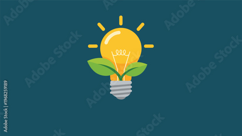 Conceptual illustration of a glowing light bulb with green leaves growing from its base on a dark blue background.