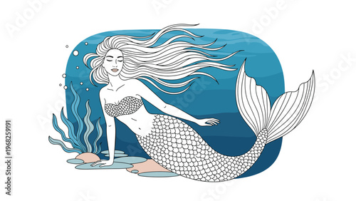 Graceful mermaid with long flowing hair and a detailed scaly tail swimming in a deep blue underwater environment.
