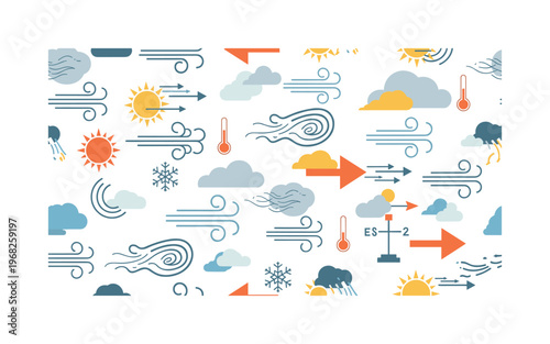 airflow motifs seamless pattern, repeating pattern, surface design, textile print, modern illustration of moving air currents, clouds, wind arrows, sun,