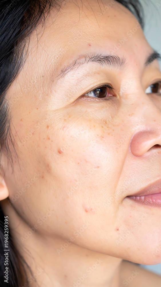 Fototapeta premium Close-up shot of an Asian woman's face from a low angle, highlighting skin texture, blemishes, and subtle wrinkles. The subject gazes upward, lit by natural light