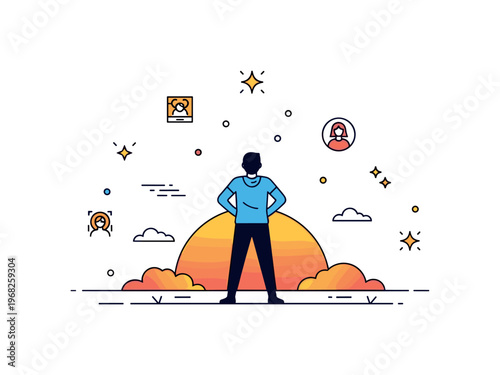Person standing strong heroic stance concept where a person stands on a small pedestal with arms crossed while tiny sparkle and star icons highlight courage,