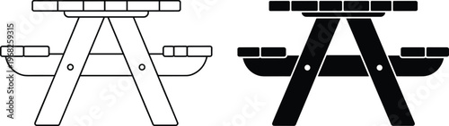 Picnic table icon set outline and solid silhouette vector illustration for outdoor furniture park camping backyard seating design concept