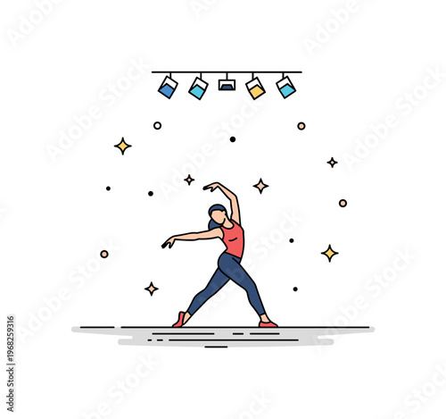 Dance festival stage spotlight concept where a solo dancer poses dramatically under bright lights while tiny sparkle and star icons highlight performance,