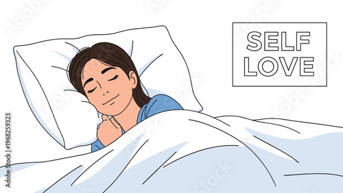 Relaxed woman sleeping soundly in a comfortable white bed with a pillow and blanket under a sign that reads Self Love.