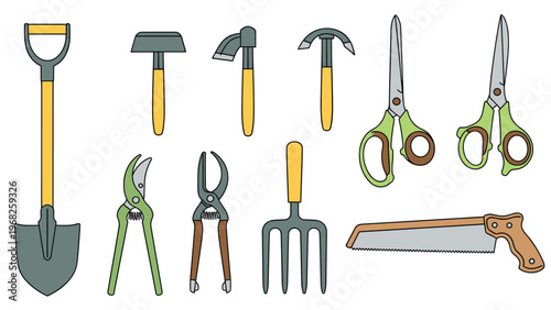 Comprehensive set of various essential gardening tools including a shovel, shears, saws, and forks with wooden handles.