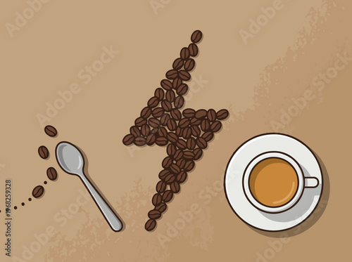 Top View Coffee Beans Forming Airplane Shape With Espresso Cup and Spoon on Beige Background