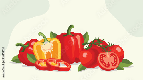 Fresh arrangement of vibrant red and yellow bell peppers alongside ripe tomatoes, whole and sliced, with green leaves.