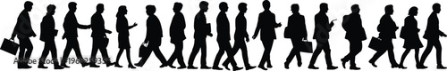 Row of black silhouettes of business people walking in profile view, professional attire with briefcases, commuting and workplace concept illustration