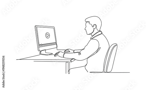 Video Lectures. Minimalistic one-line drawing person sitting at desk watching lecture on computer screen, continuous single black line on white background,