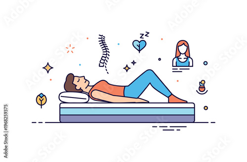 Posture sleeping alignment scene where a person lies on a mattress with proper spine support while small sparkle and line icons emphasize restful posture,