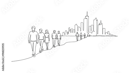 Urban Transition. Minimalistic one-line drawing individuals moving toward urban area with skyline, continuous single black line on white background, simple