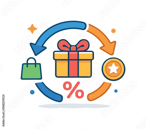 Loyalty points system expressed by circular arrows around a reward icon and percentage symbol, highlighting ongoing engagement, repeat purchases, and long-term