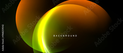 Abstract design features layered glowing shapes. Warm colors blend into dark background creating dynamic visual effect. Modern, minimalist style.