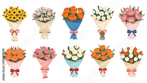 Collection of ten different flower bouquets wrapped in paper and tied with ribbons for various celebrations and occasions.