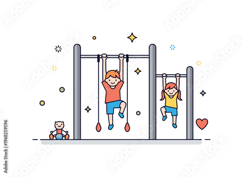 Jungle gym bar fun outdoor activity concept where kids hang and climb on bars while tiny sparkle and star icons highlight physical engagement, coordination,