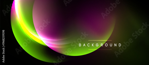 Abstract design features vibrant curves, gradients. Purple, green hues dominate dark background. Text reads background. Modern, dynamic visual.