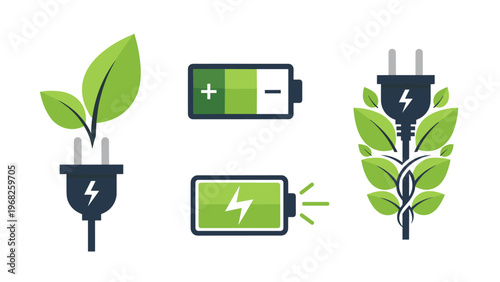 Set of icons representing green energy and sustainability including battery indicators and power plugs with fresh green leaves.