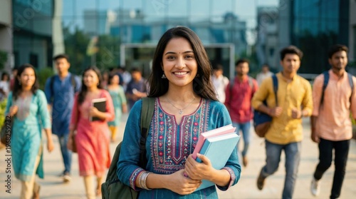 young indian college girl holding books and backpack standing at collage campus
