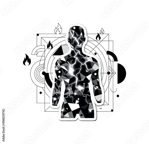 pain metaphor illustration geometric frames semicircles and abstract flame icons detailed black and white body silhouette with jagged glowing cracks and