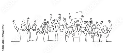 Activism Celebration. Minimalistic one-line drawing crowd cheering for human rights success, continuous single black line on white background, simple outline