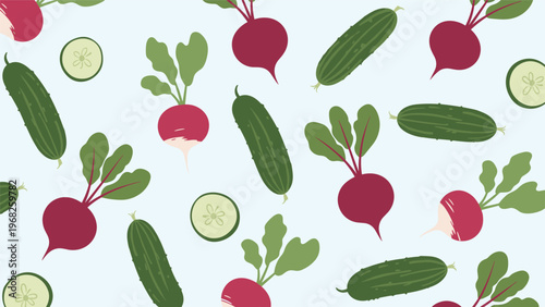 Seamless pattern of fresh garden vegetables including red radishes, green cucumbers, and round cucumber slices on light blue.
