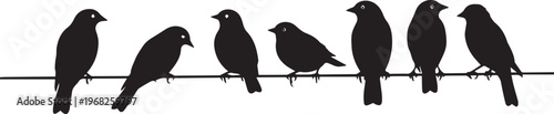 Seven black bird silhouettes peacefully perched on a wire, minimalist vector illustration symbolizing unity and natural harmony