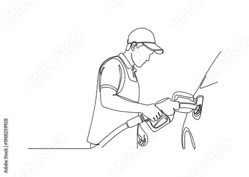 Gas Pump Interaction. Minimalistic one-line drawing individual holding fuel nozzle pumping gas, continuous single black line on white background, simple