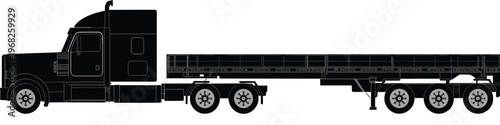 Side view semi truck with flatbed trailer silhouette isolated vector illustration for logistics transportation freight delivery and industrial vehicle design