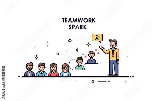 Catalyst teamwork spark scene where one person?s action inspires a chain reaction among colleagues while tiny sparkle and star icons highlight motivation,