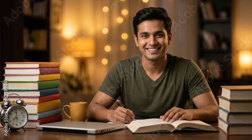 young indian college boy doing study at home