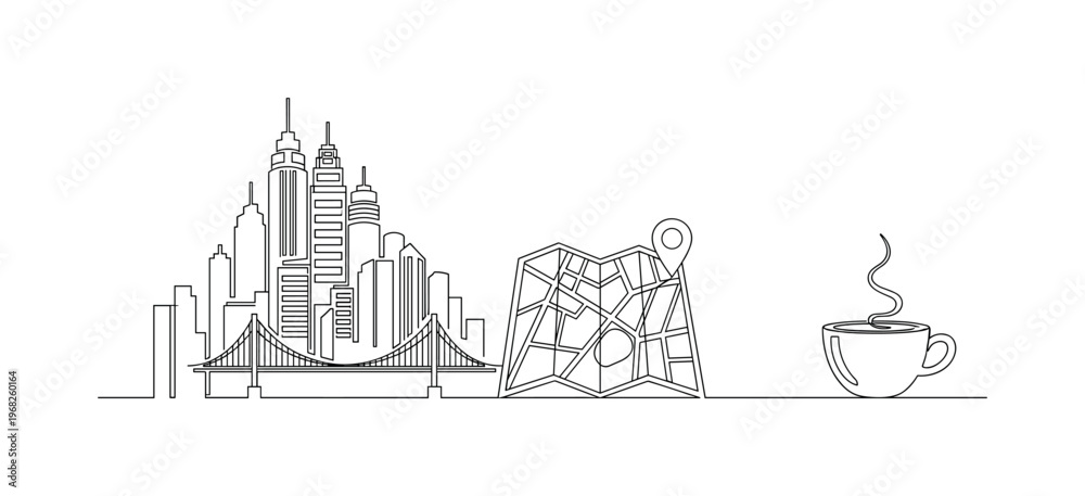 Naklejka premium City Getaway. Minimalistic one-line drawing skyline, map, and coffee cup representing urban vacation, continuous single black line on white background, simple