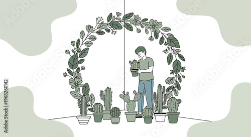 Man tending potted cacti inside a leafy floral wreath, minimalist illustration