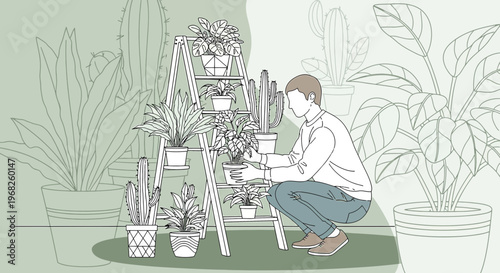 Man tending to a variety of potted plants on a tiered shelf, illustration style