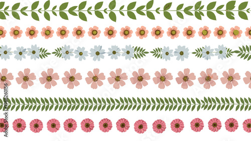 Decorative rows of various pink and white flowers and green leaves used as borders or dividers for botanical projects.