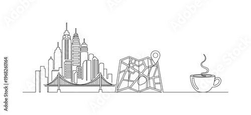 City Getaway. Minimalistic one-line drawing skyline, map, and coffee cup representing urban vacation, continuous single black line on white background, simple