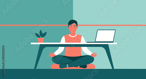 A calm individual finds inner peace and mindfulness through meditation at their modern desk, balancing work with essential well-being practices.